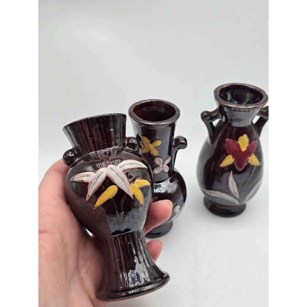 Vintage MCM Japan Miniature Bud Vase Set of 3 Dark Brown Floral Pottery 4